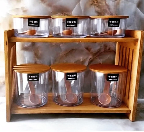 ست بانکه آکریلیک با استند چوبی مناسب نگهداری قند، چای و حبوبات